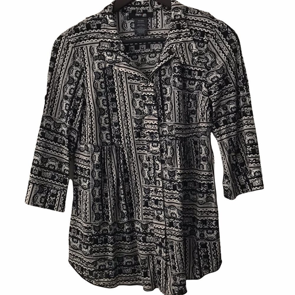 Style & Co. Petite 3/4 Sleeve Button Down Pleated Blouse